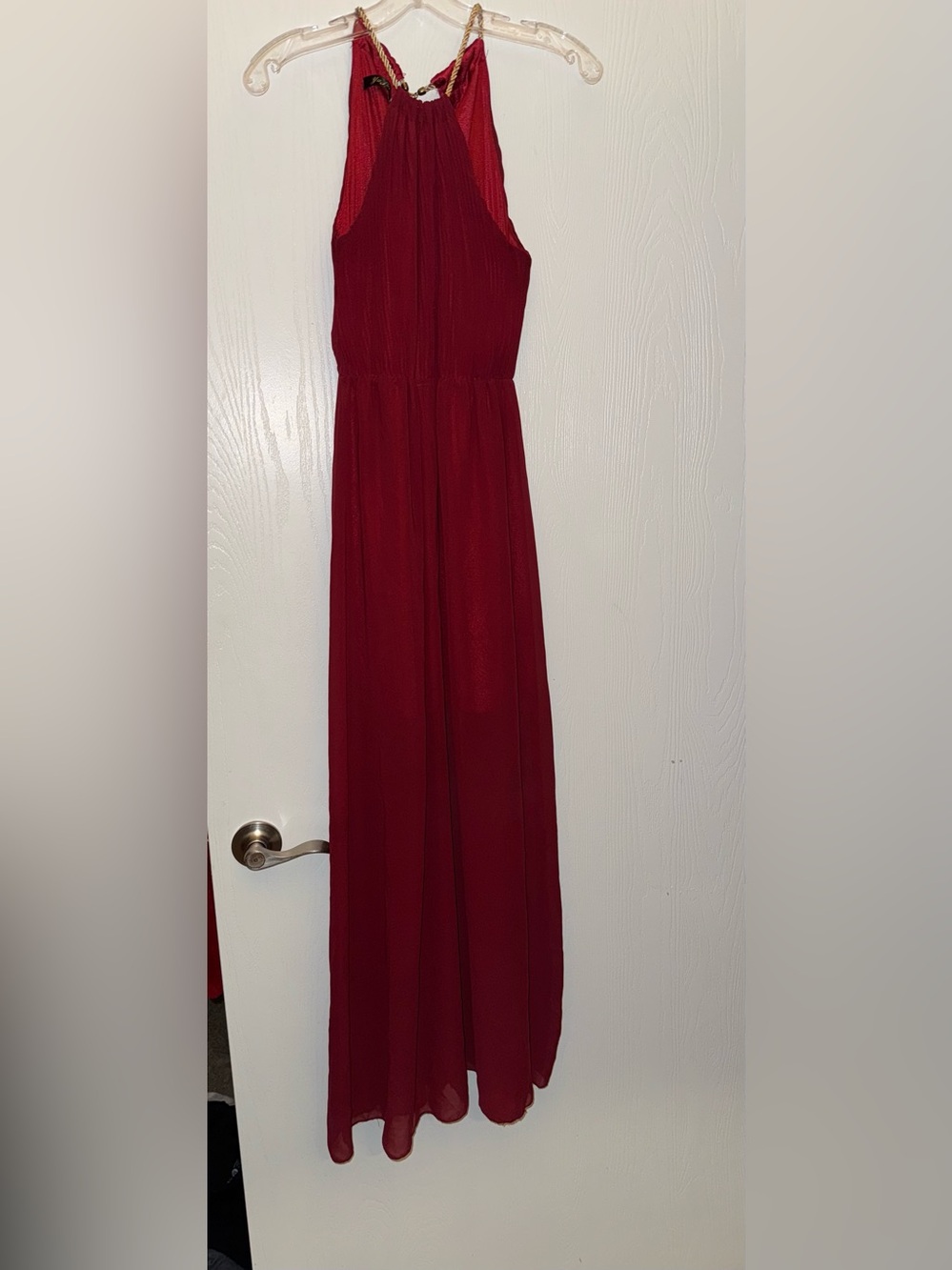 Yu Fei Wine Red With Gold Halter Maxi Dress - Picture 3 of 6